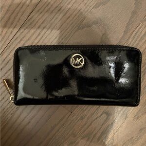 Michael Kors Black Patent Leather Zip Pull Wallet